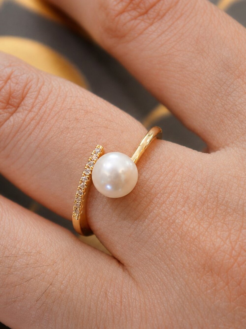 Natural Freshwater Pearl CZ Adjustable Ring 14K Gold Plated Brass